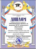Диплом I степени Общероссийского конкурса "Инновационные проекты по введению ФГОС дошкольного образования", 2016 год 